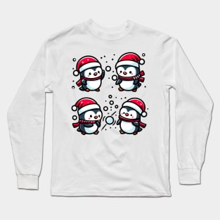 Adorable Cute Penguin Santa Hat Winter Snowball Fight Long Sleeve T-Shirt